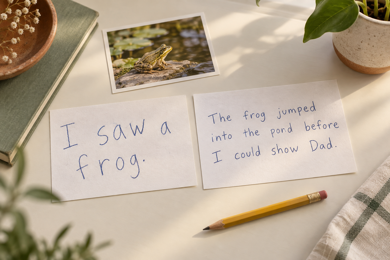 Two illustrative handwritten stories about a frog: large early letters beside a longer, more confident handwritten sentence